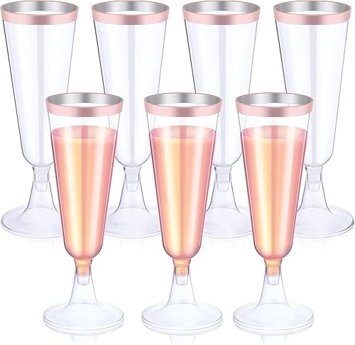 Thenshop Paquete de 50 flautas de champán de plástico oro rosa de 5.5 onzas, elegantes vasos de champán desechables transparentes, vasos