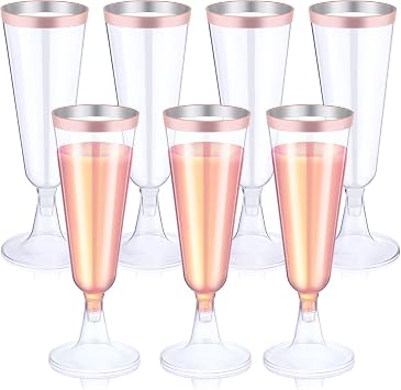 Thenshop 50 Pack Rose Gold Plastic Champagne Flutes 5.5 oz Elegant Clear Disposable Champagne Glasses Detachable Hard Toasting Glasses for Wedding Party Fancy Vino Cocktail CupsClear