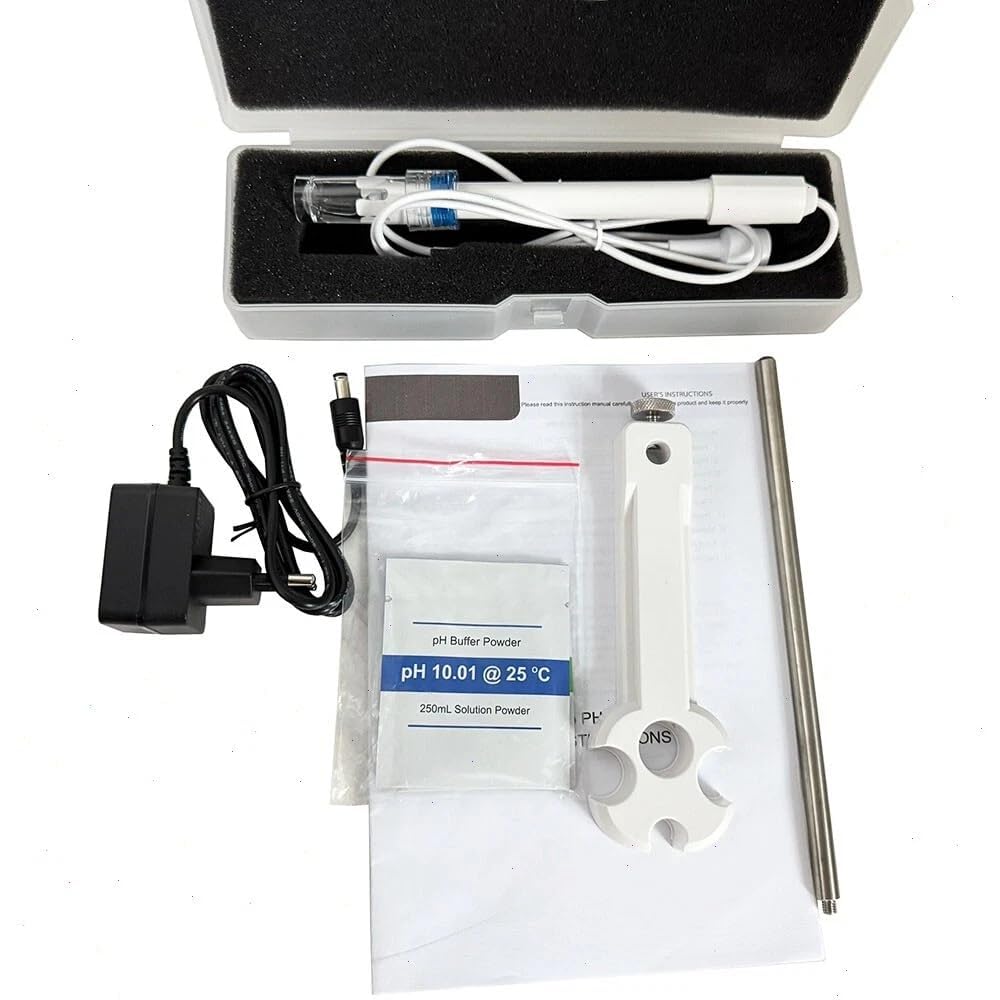 Benchtop pH Meter pH Analyzer with 2 Points Calibration pH Buffer Powder pH Range 0.00～14.00 mV Range -1599～1599 LCD Display Method E-201-C Electrodes Q9 Connector