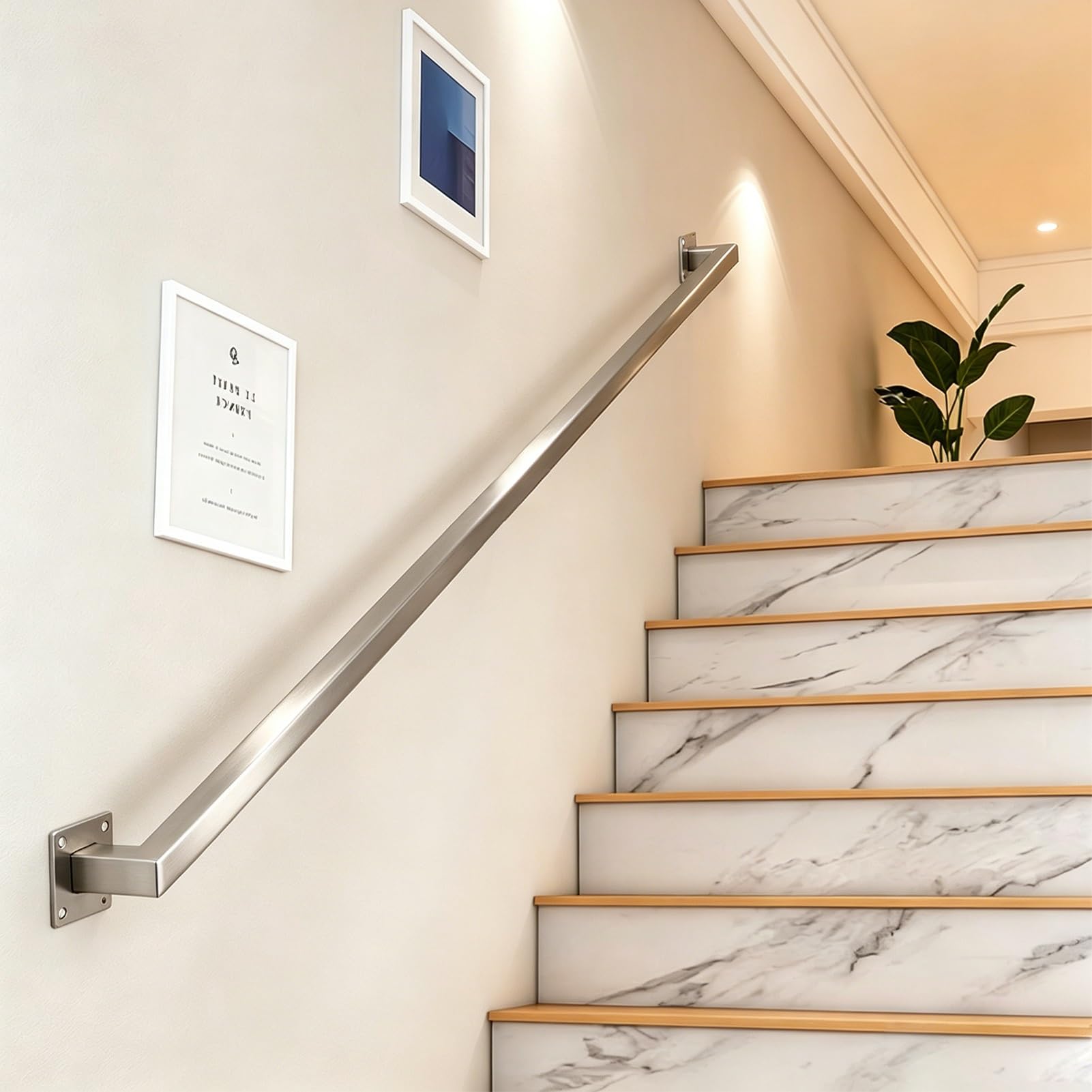 Hamankim One Color Silver Staircase Handrail For Wall, Brushed Stainless Steel Square Pipe Banister Railing, Indoor/Outdoor Guardrail Support Rod For Loft/Kindergarten/Steps/Deck(19Ft/5.7M)