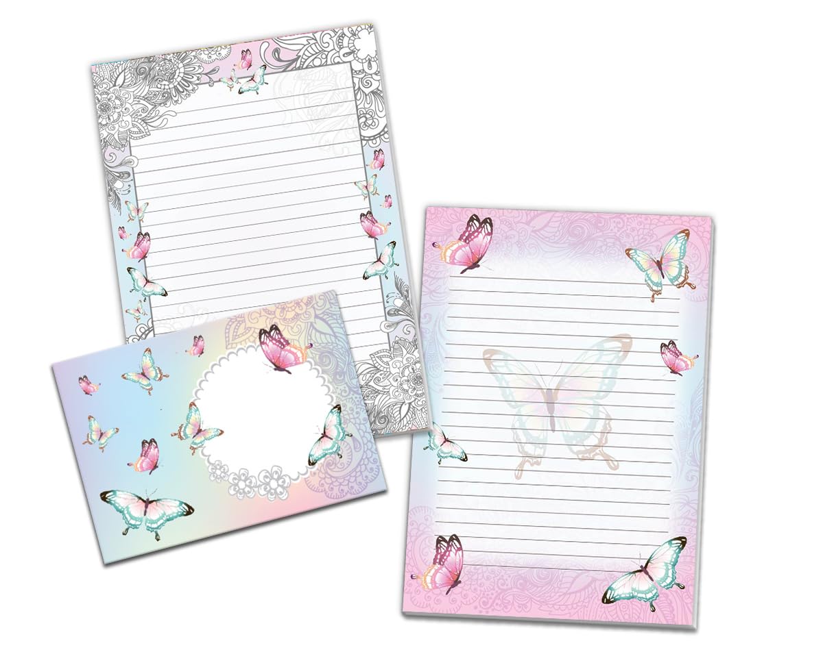 Lot De 2 Blocs De Papier à Lettres Filles - Papillons & Fleurs (1 Imprimé Couleur + 1 à Colorier), A5, 25 Feuilles + 25 Enveloppes C6