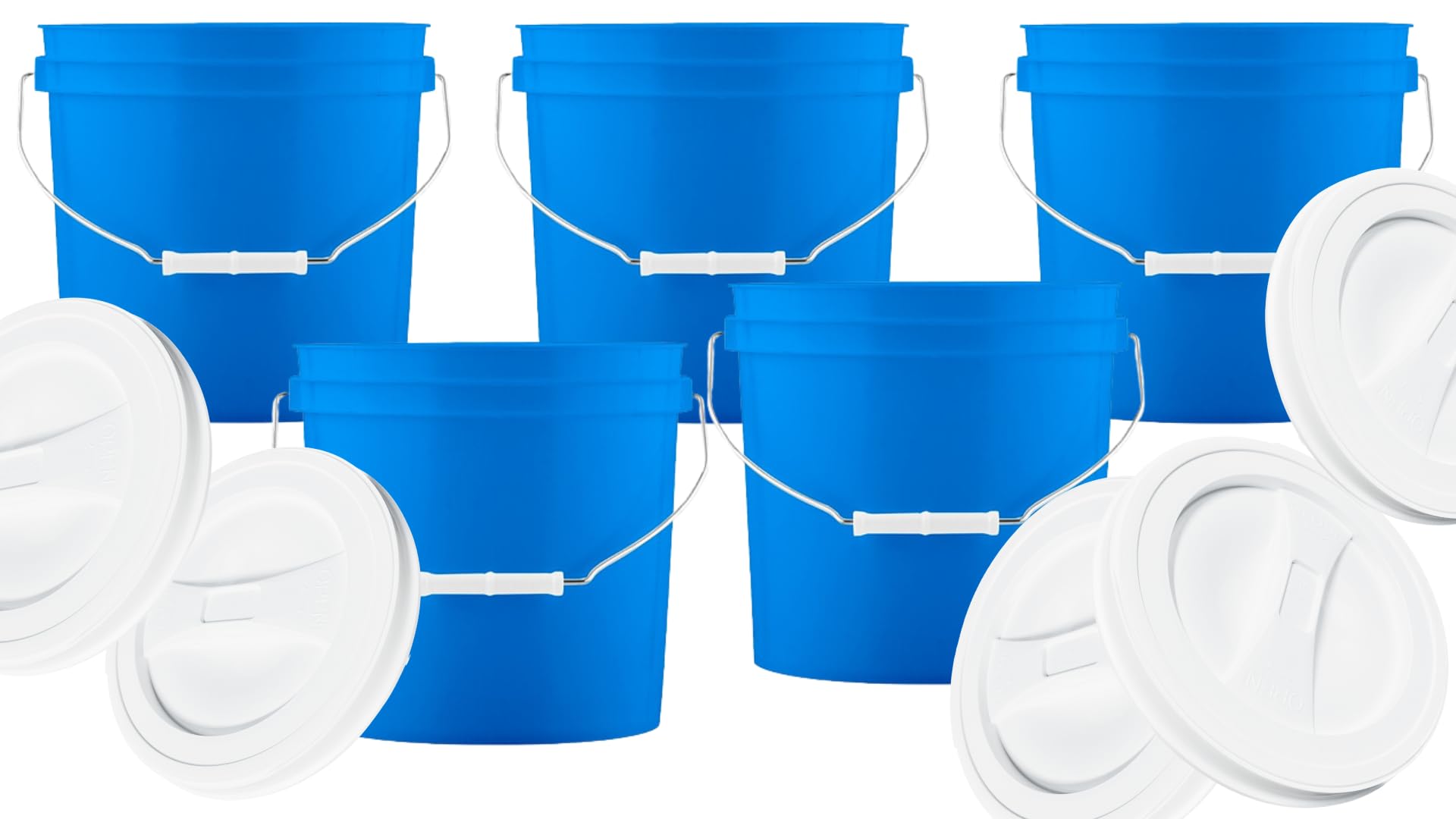 House Naturals 2 Gallon Blue Made in USA Food Grade BPA Free Bucket Pail with White Screw On Lid (Pack of 5) (with White lids)