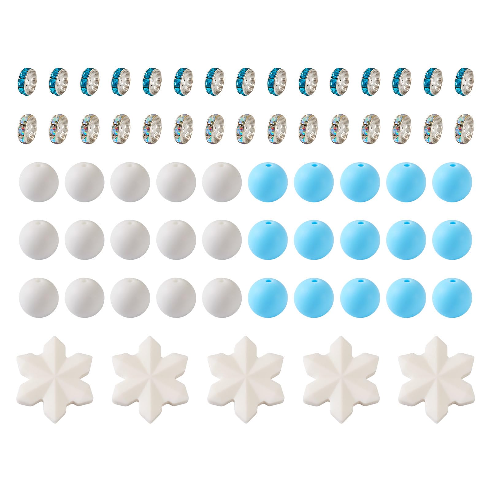 Perles rondes en silicone pour Noël, lot de 65 pièces blanches et bleues avec flocons