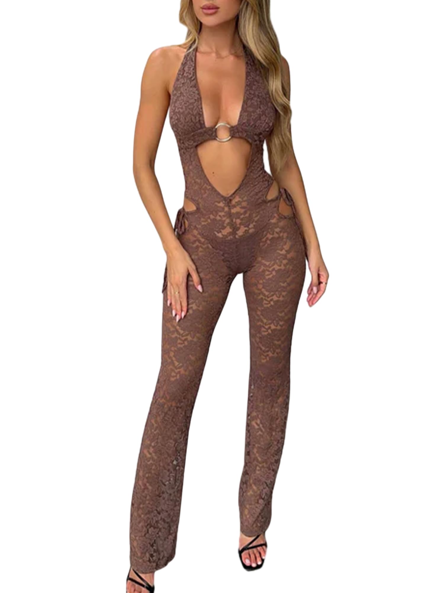 Acrawnni Women's Hollow Lace Tight Jumpsuit Halter Neck Sleeveless Showing Navel Long Pants Solid Color Bodysuit for Summer (C-Coffee, XL)