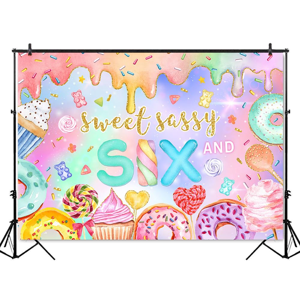 Mocsicka Sweet Sassy and Six Birthday Backdrop Girls Sweet Candy Donut 6th Birthday Party Background Happy 6th Birthday Party Decorations Photo Booth Props (6th birthday, 7x5ft)