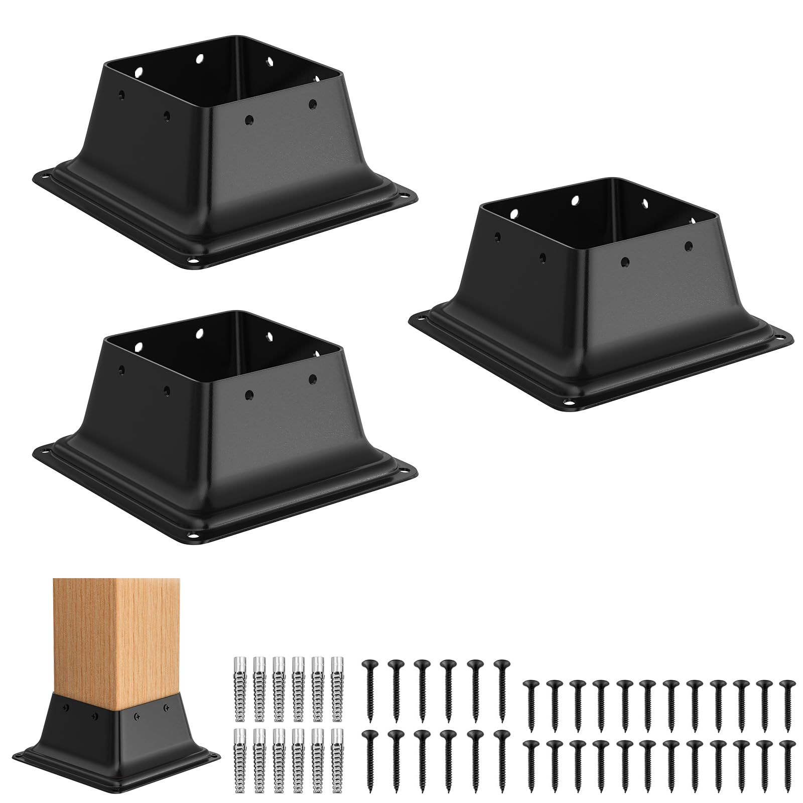 FMhotu 4x4 Post Base 3Pcs,Heavy Duty 4x4 Post Bracket Fit 3.5"x3.5" Standard Lumber, Steel Deck Post Base for Deck Porch Handrail Railing Support with