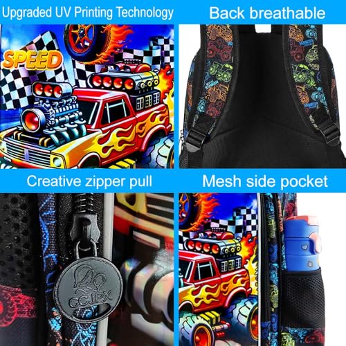 Image of HPJGD 3PCS Truck Kids Backpack for Boys, Water Resistant Elementary Bookbag Set with Lunch Box, Cool School Bag for Preschool Toddler - Red Truck