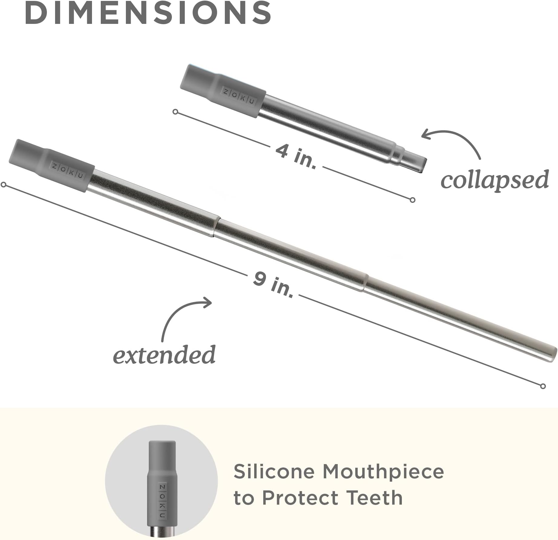 Zoku Reusable Pocket Straw, Telescopic Stainless Steel Drinking Straw with Silicone Mouthpiece, Adjustable to 9 Inches, Set of 3