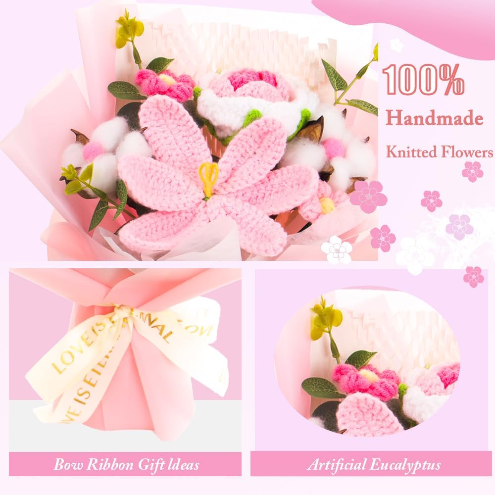 Crochet Rose Flower Bouquet: Handmade Rose Artificial Flowers for Festival Wedding Graduation Anniversary Valentines Day Birthday Home Decor (Pink Opening Tulips) - Image 3