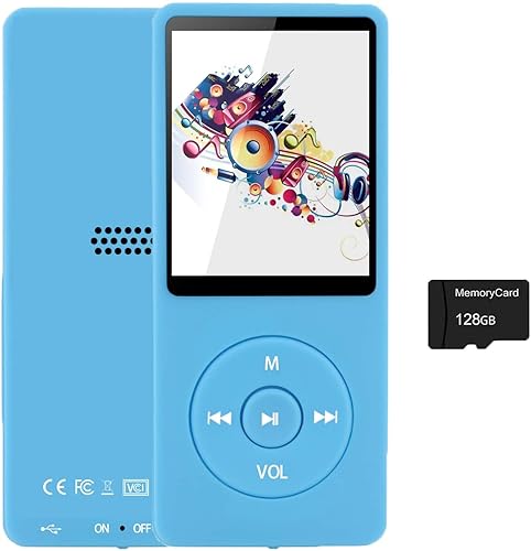 Reproductor MP3 de 128 GB con Bluetooth 5.2, reproductor de música azul claro portátil para niños con altavoz HD integrado, radio FM, grabadora de
