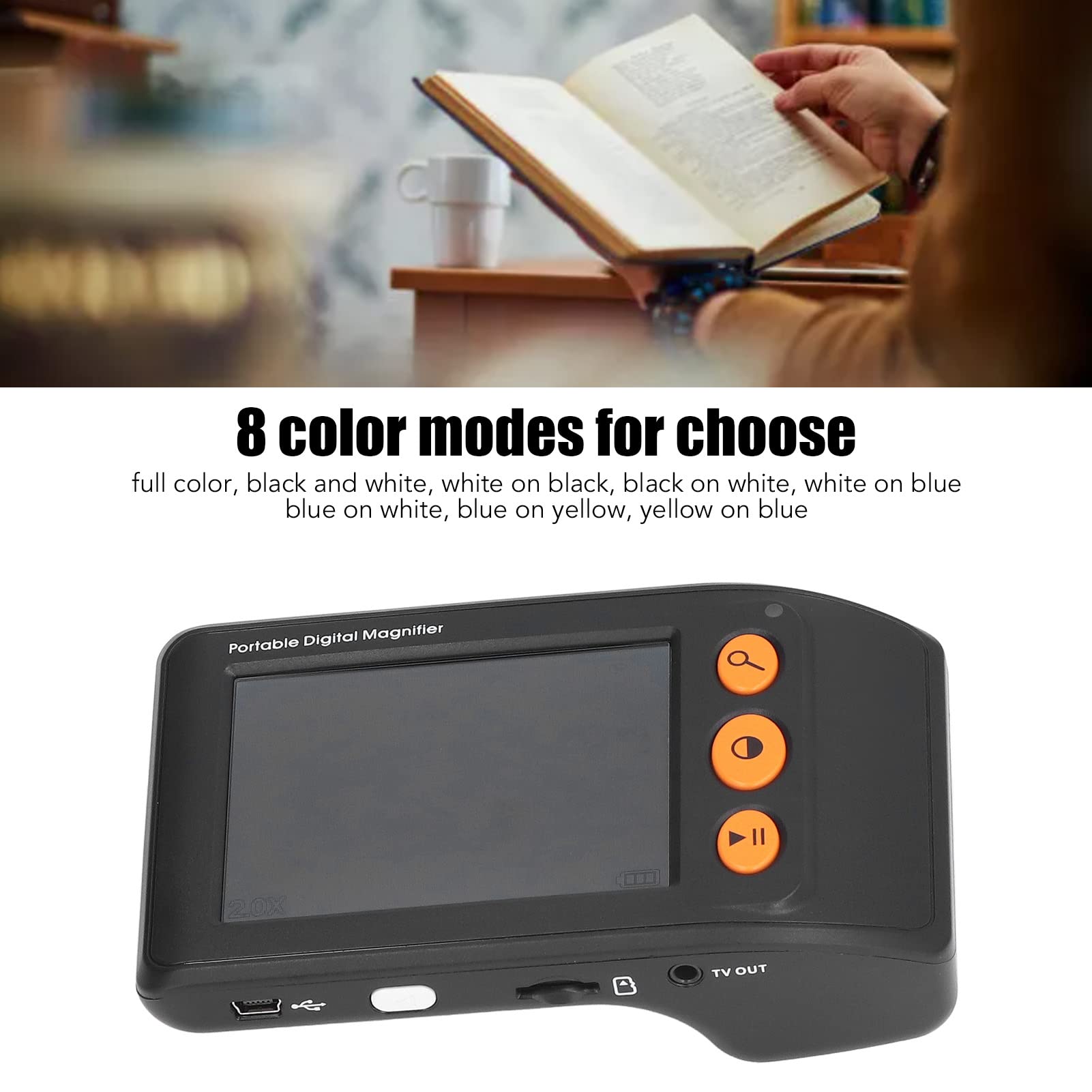 Septpenta Lupa Digital Portátil, 8 Modos de Color Lector Electrónico con Zoom 2X-25X, Lupa Digital de Video con Salida AV con Soporte de Congelación de Imagen, para Baja Visión(Negro)