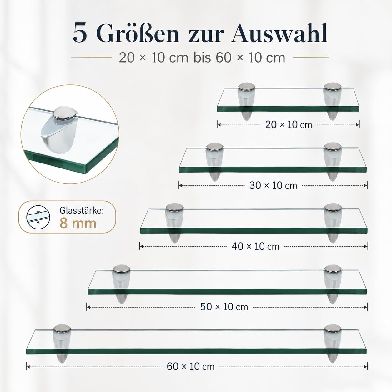 Set di 2 mensole in vetro da 50 x 10 cm, mensole da parete in vetro di sicurezza ESG da 8 mm, con supporto in vetro regolabile, mensola da bagno, doccia per bagno, cucina e balcone