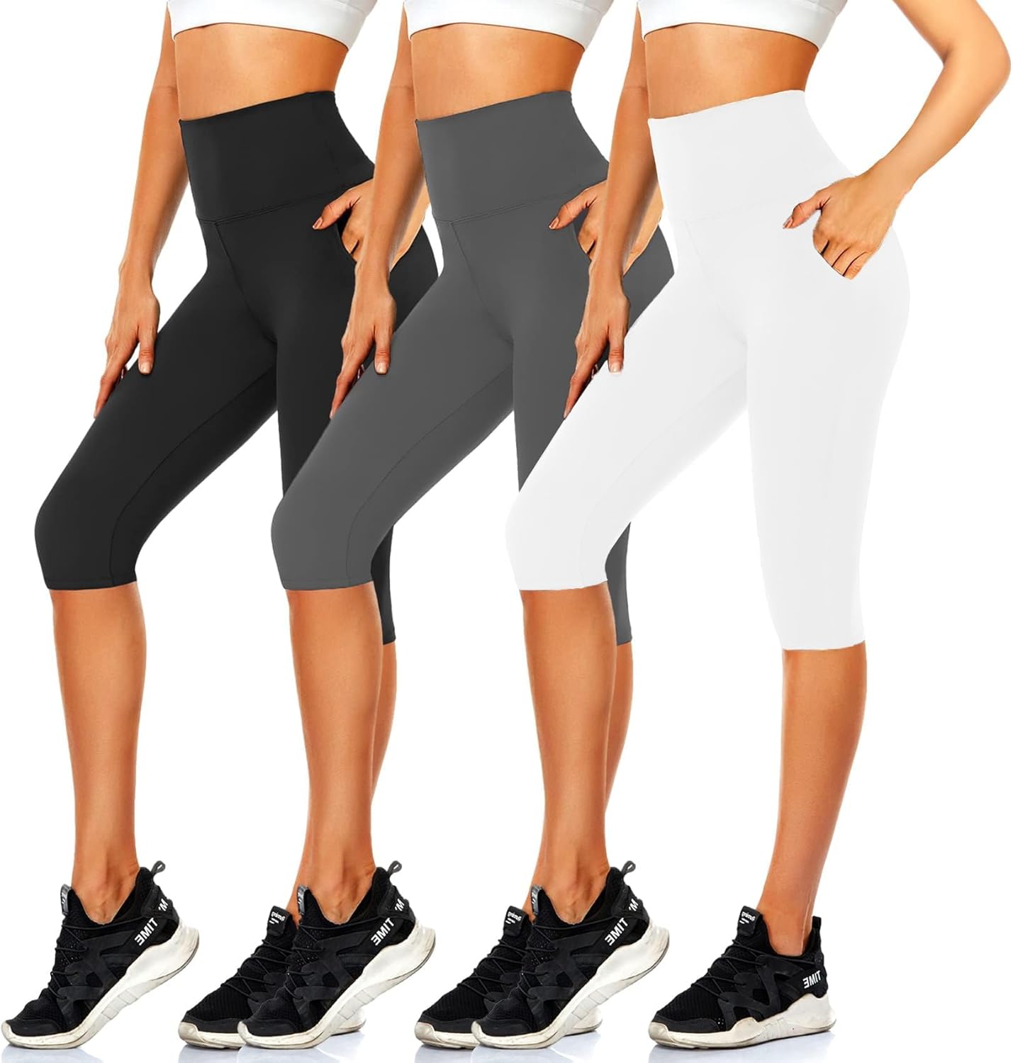 CTHH 3 Pack Capri Pants with Pockets - High Waisted Knee Length Yoga Leggings, Workout Biker Shorts for Women Running Summer