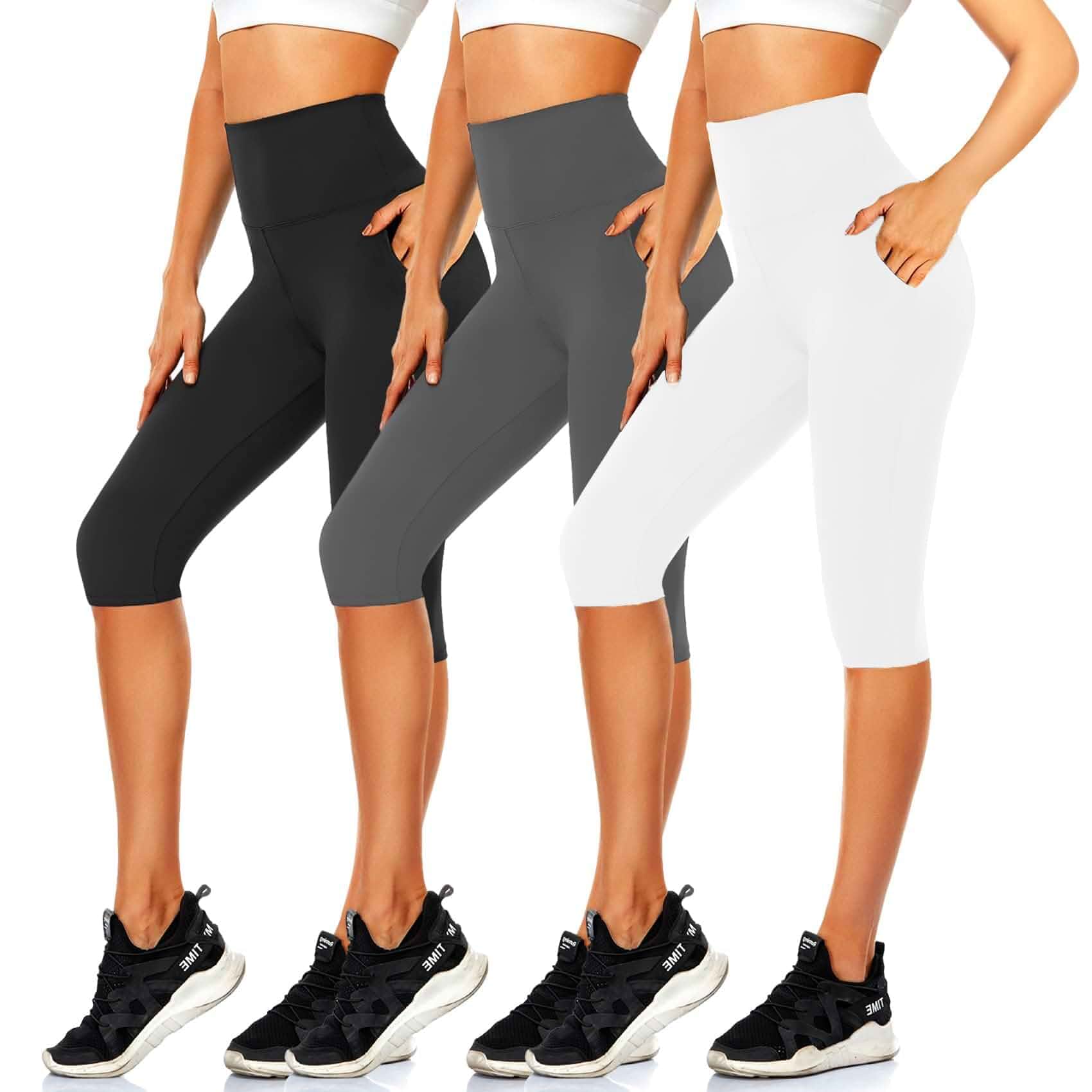 CTHH 3 Pack Capri Pants with Pockets - High Waisted Knee Length Yoga Leggings, Workout Biker Shorts for Women Running Summer