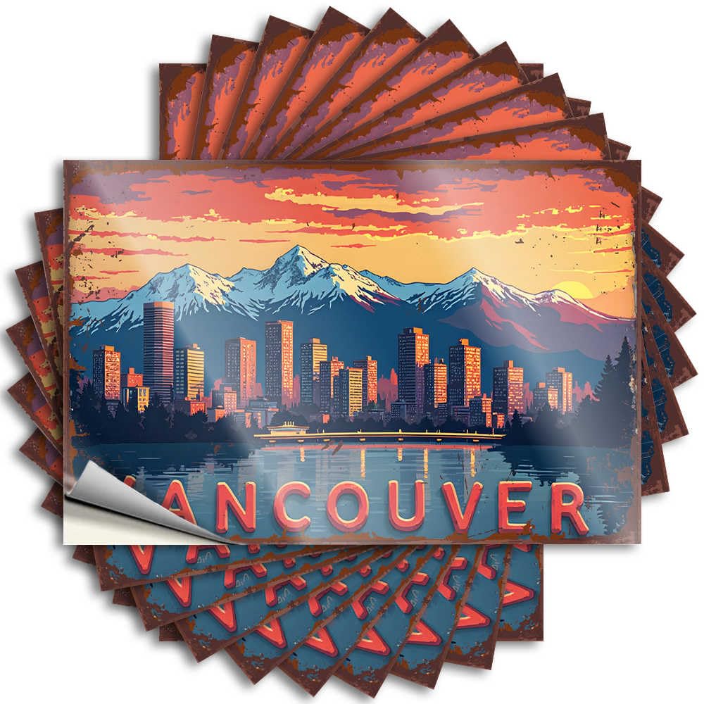 Fzfn Colour Decals Cats Bath Decor Door Vancouver Sunset: Cityscape With Mountains And Reflections - No Residue Decals For Travel(12X18cm)