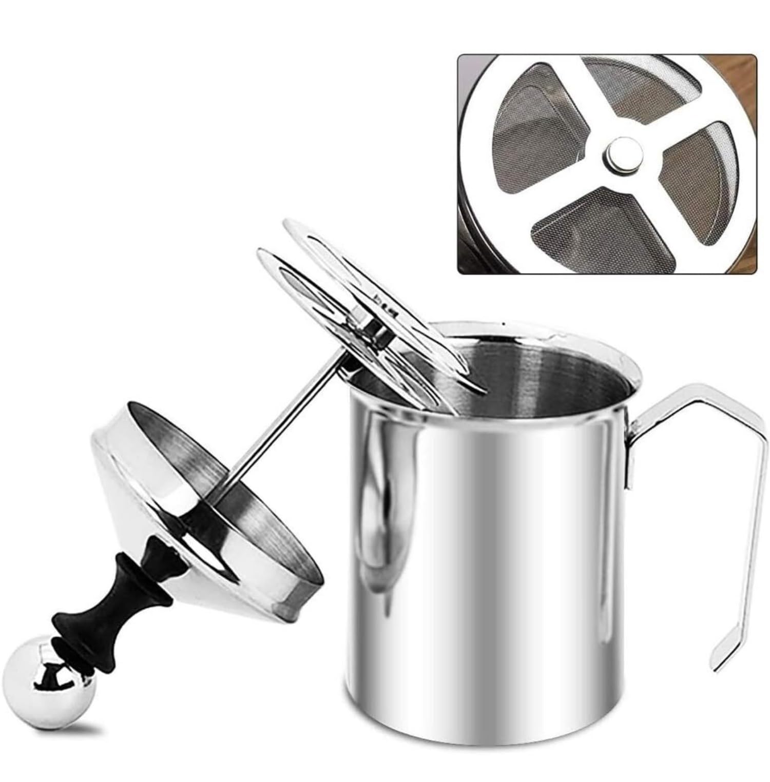 Espumador de Leche, Espumador De Leche con Bomba Manual De Acero Inoxidable, Taza para Hacer Espuma De Leche Manual para Café Bubbler Leche para Capuchino