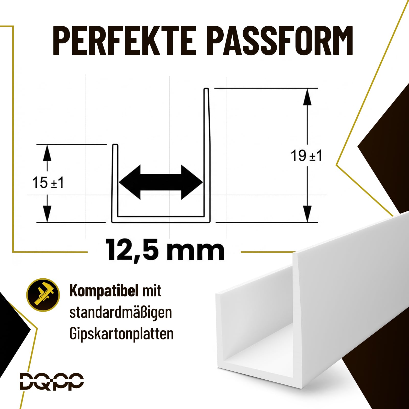 DQ-PP Perfil de cubierta para placas de yeso – Tamaño: 66 x 22 mm – Longitud: 200 m (100 x 2 m) – Color: blanco – Material: PVC – Protección de bordes para placas de yeso de 12,5 mm – perfil de yeso