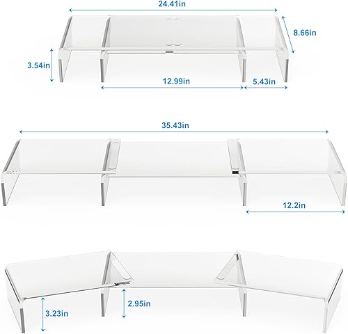 Miniatura 5 de X-cosrack Soporte elevador de monitor de acrílico transparente, 3 estantes ajustables con alfombrilla antideslizante, organizador de escritorio