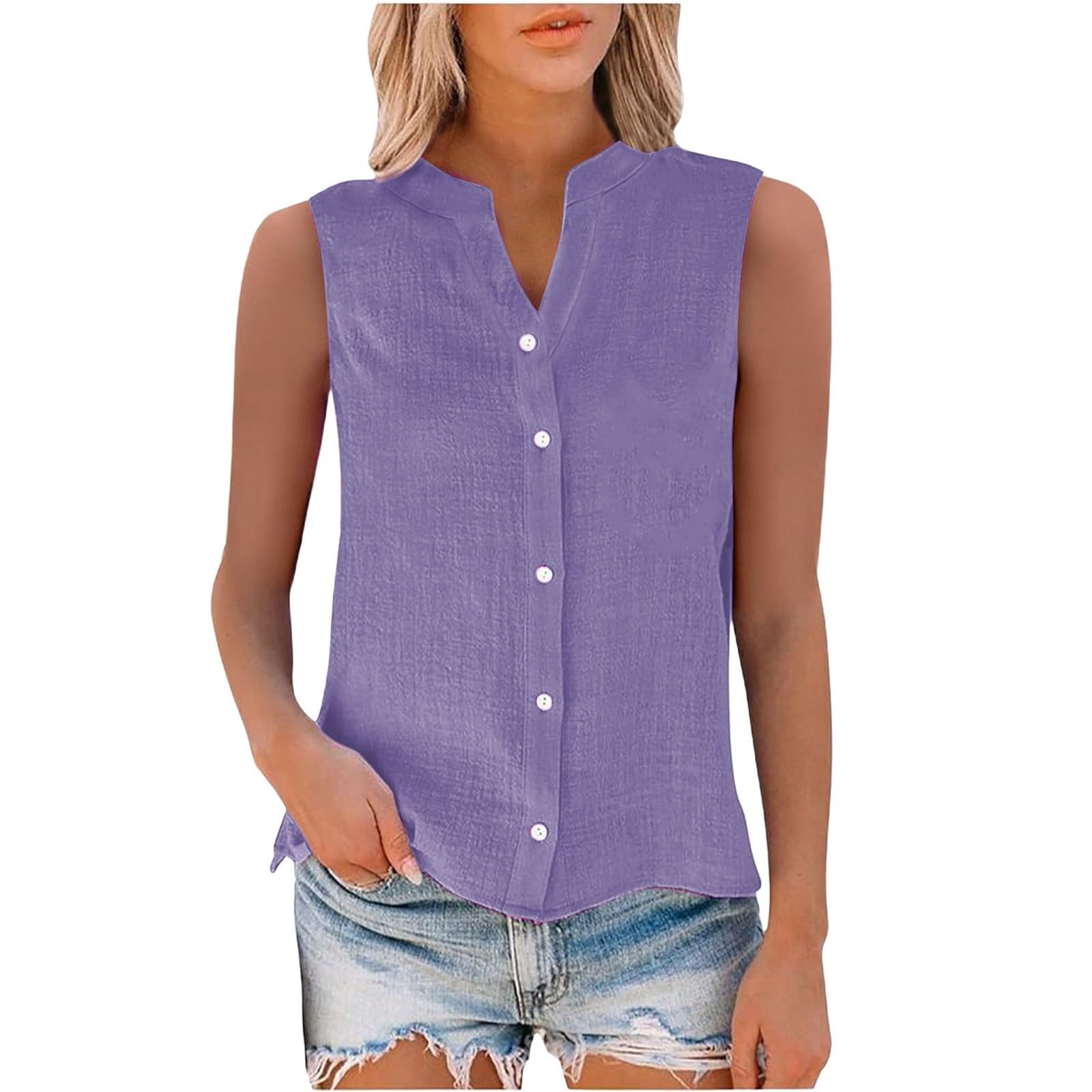 Camisa sin Manga Mujer Algodón Lino Verano Camisetas de Tirantes Blusa Moda Color sólido Casual Chaleco Ligero Transpirable Tank Tops Cuello en V Botones Fiesta Playa Camisa Suelto tee 2025