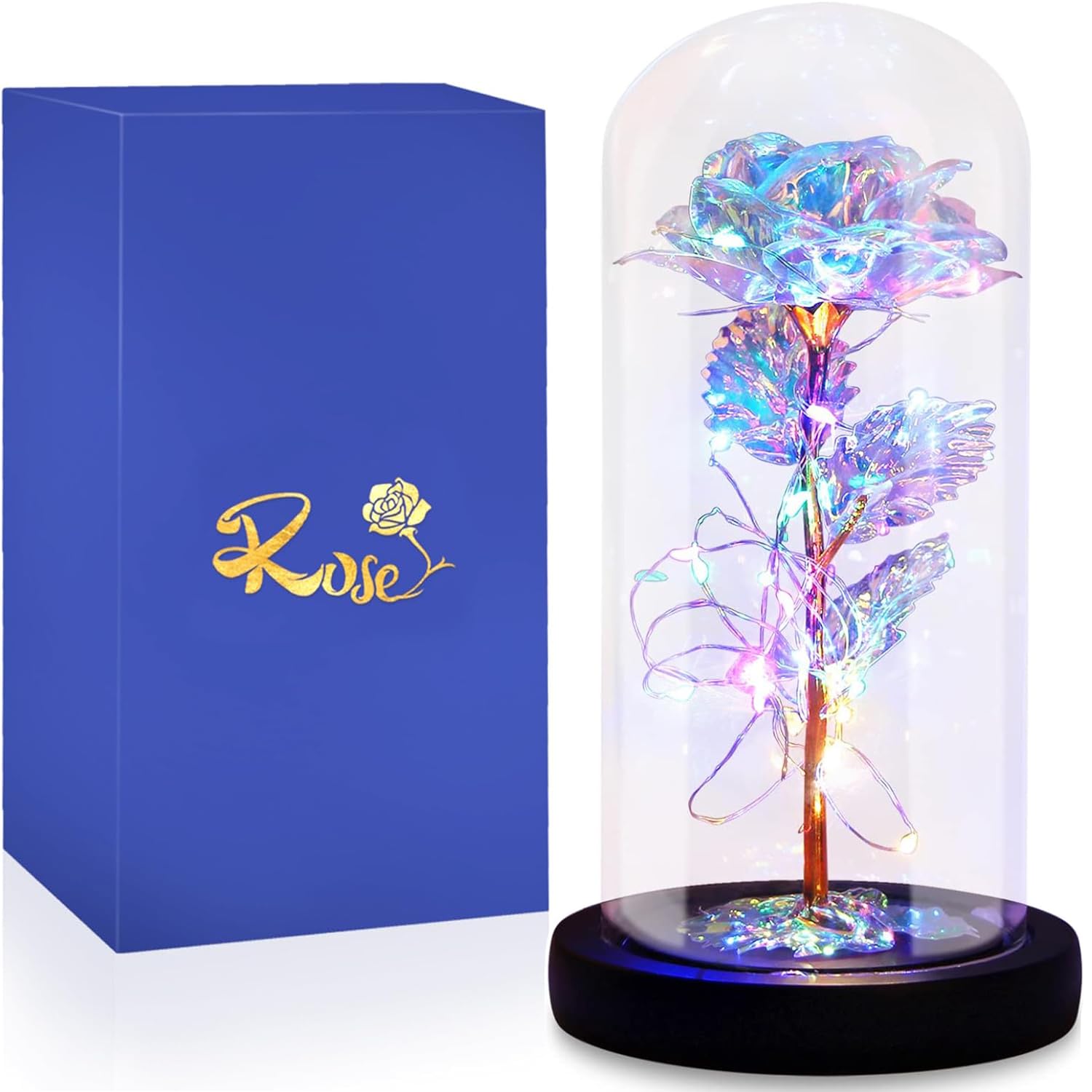 Rose éternelle artificielle sous cloche en verre et détails LED colorés