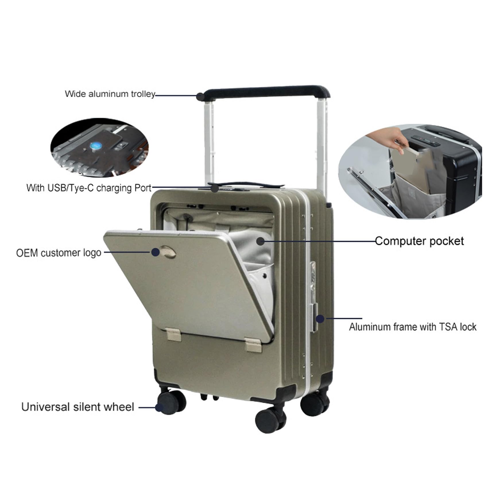 Maleta De Viaje, Equipaje De Mano, Maleta con Ruedas para Pc con Puerto USB, Soporte para Vasos Y Bolsillo Frontal para Ordenador PortáTil
