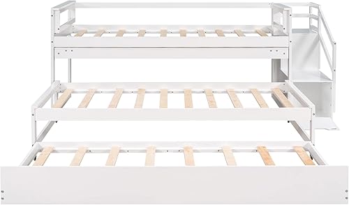Miniatura 7 de Daybed with Storage Staircase and 2 Open ShelvesTwin Size Low Loft Bed Wood Daybed Bedframe with Double Trundle for 3Space Saving Bedroom Furniture