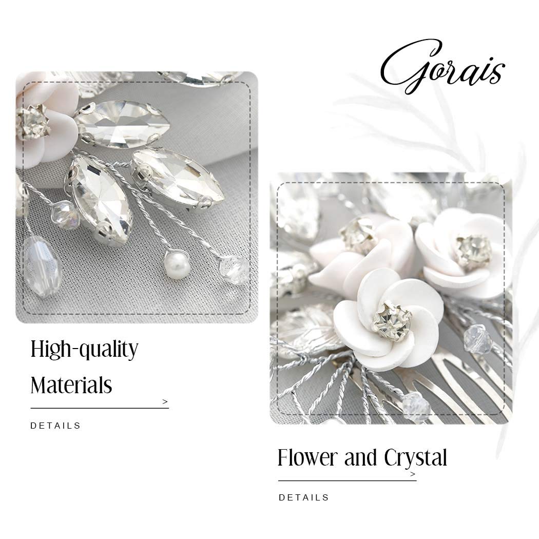 Gorais Flower Bride Wedding Hair Combs Silver Crystal Bridal Hair Piece Leaf Hair Side Combs Hair Accessories for Women and Girls : Beauty & Personal Care