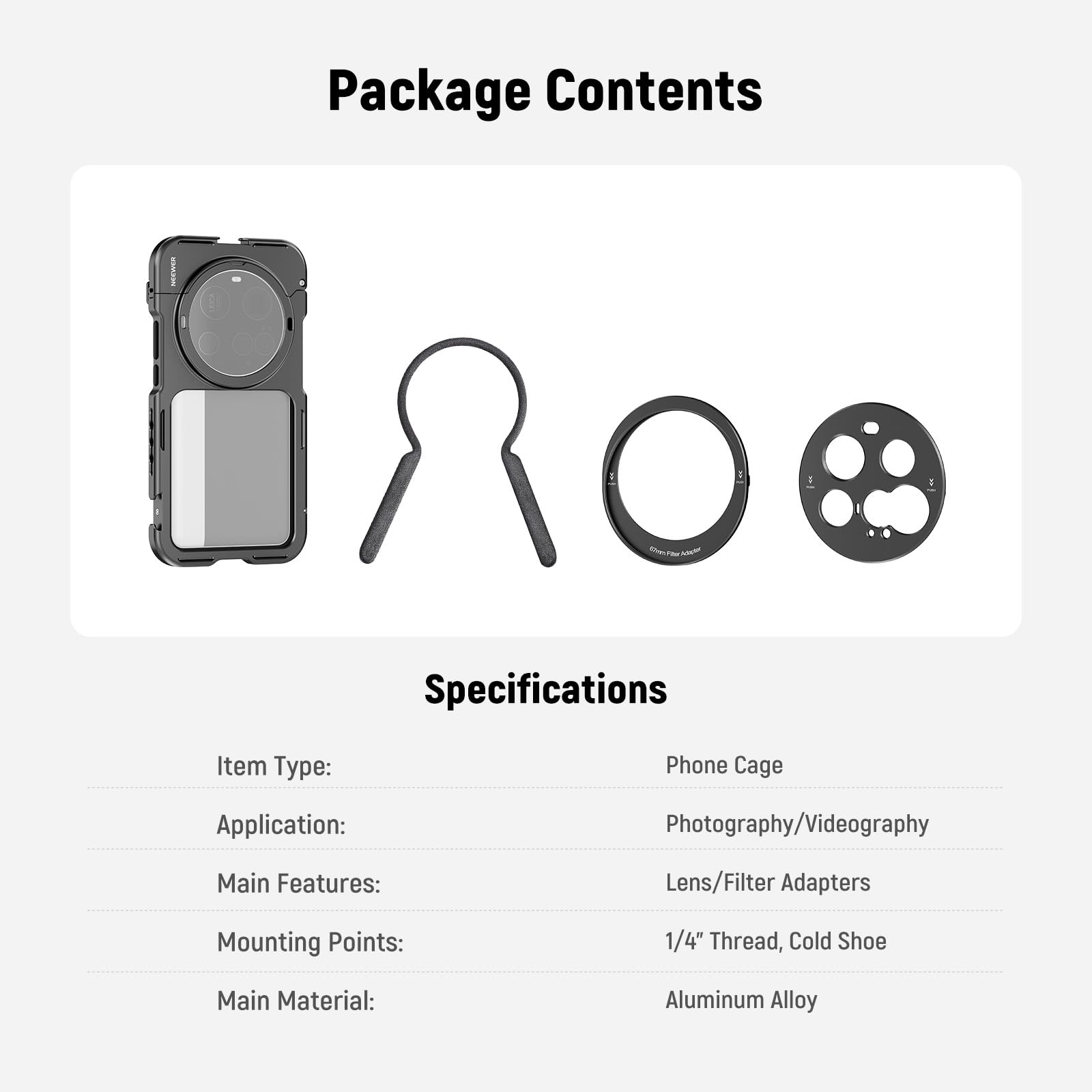 NEEWER 15 Ultra Cage, Stabilizzatore Telefono a Sgancio Rapido Compatibile con Xiaomi 15 Ultra con Adattatore Filtro 67mm/ Backplate Lente 17mm, Video Rig Case per Registrazione Riprese, PA091 Nero