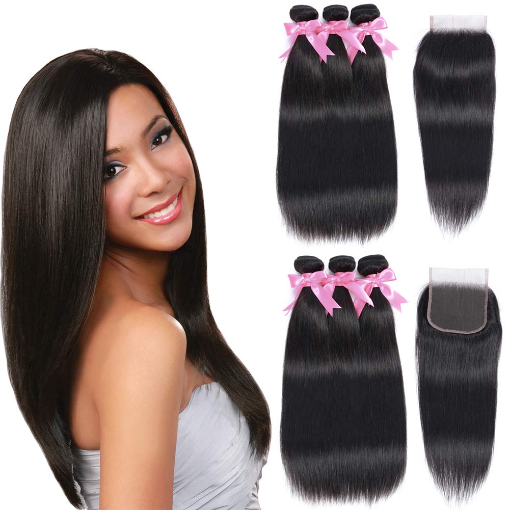 Amazon.com : 123hair Brazilian Straight Hair Bundles with Closure (16 18 20+ 14) 100% Virgin Human Hair 3 Bundles with Closure 4X4 Free Part Lace  Closure with Bundles Straight Hair Natural Color for