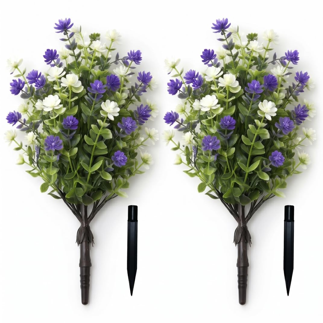 Tsawntd Topiary Balls Artificial Outdoor Set of 2, Artificial Flowers with Ground Stakes Realistic Camellia Eucalyptus, UV Resistant Plants for Home Garden Decor, 45cm/18inch flowers with stakes
