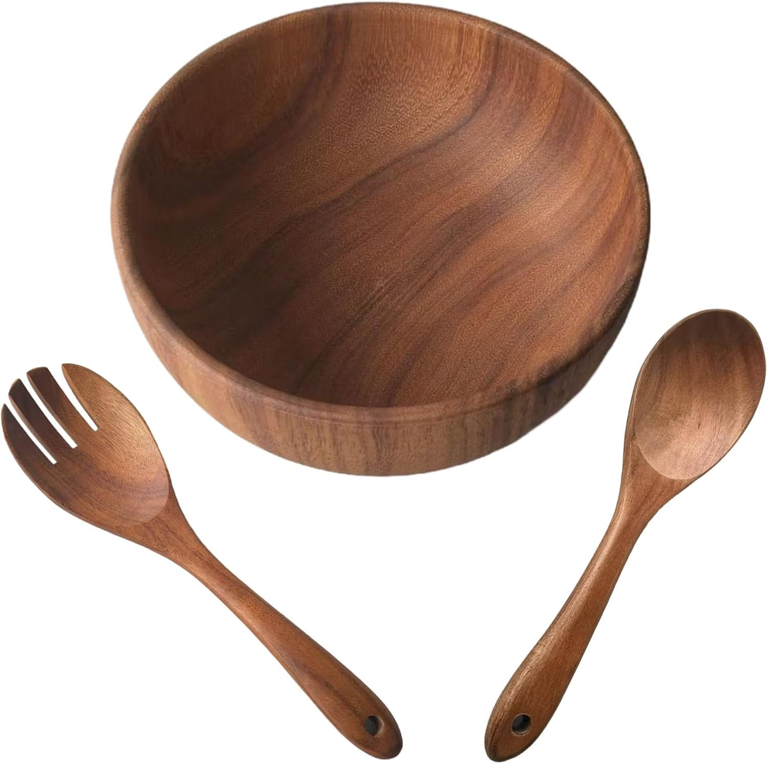 Acacia Salad Bowl Set, 7.1 In Wooden Bowl With Spoon And Fork, Serving Utensils, One-Piece, Food-Safe, Gift Boxed