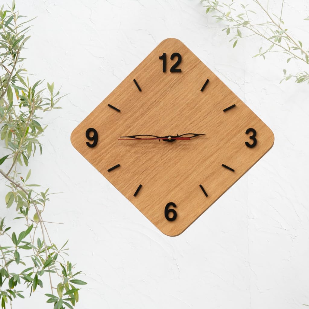 SKYVILLA™ Large Wooden Wall Clock | Modern Diamond Shape Silent Analog Clock for Living Room | MDF Oak Finish Decorative Wall Clock for Home & Office 12x12 Inch 2