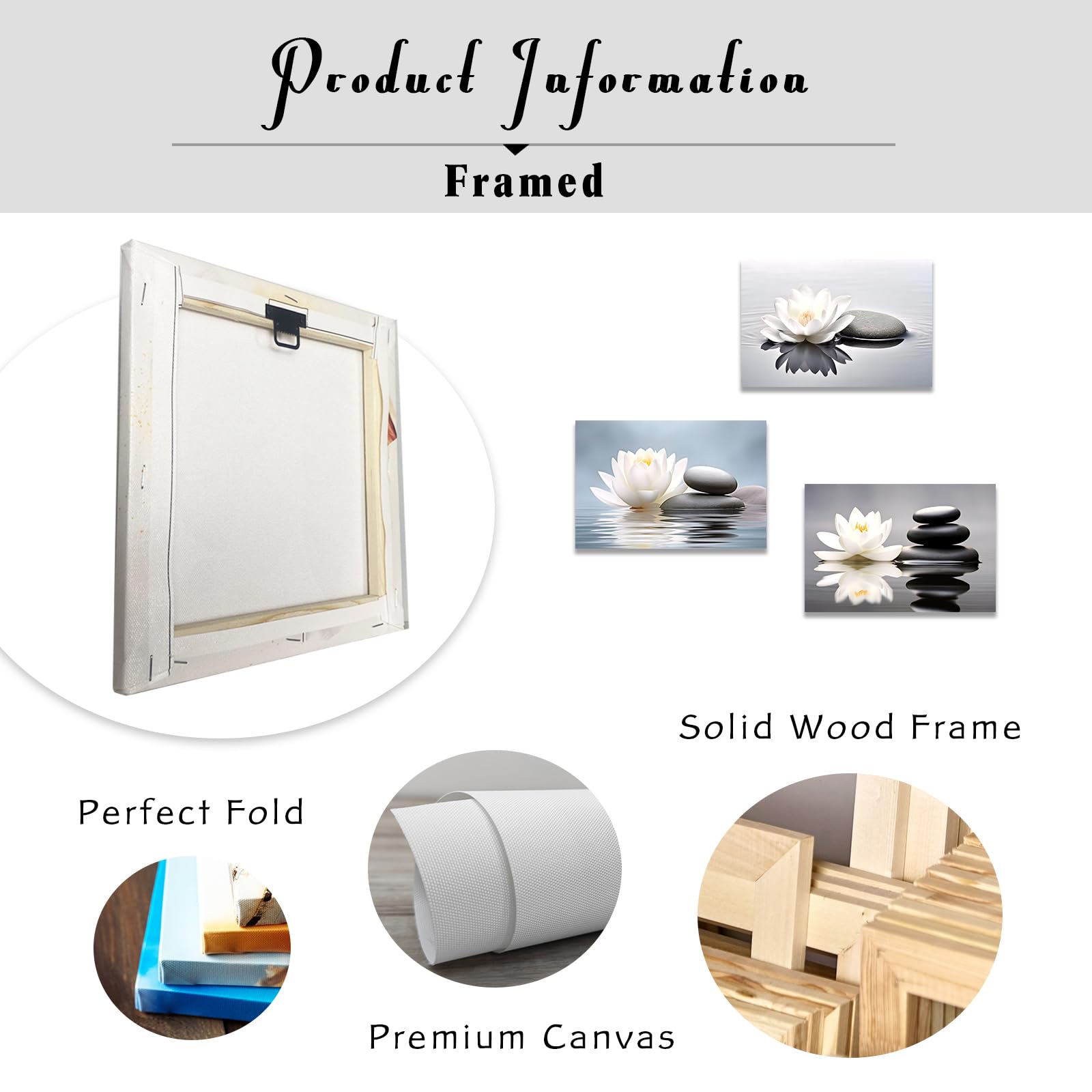 CCWACPP Lienzo zen para pared, 3 piezas, loto blanco y piedras Zen negras, impresiones para yoga, spa, meditación, habitación espiritual, decoración de baño, marco (40 x 60 cm x 3 piezas)