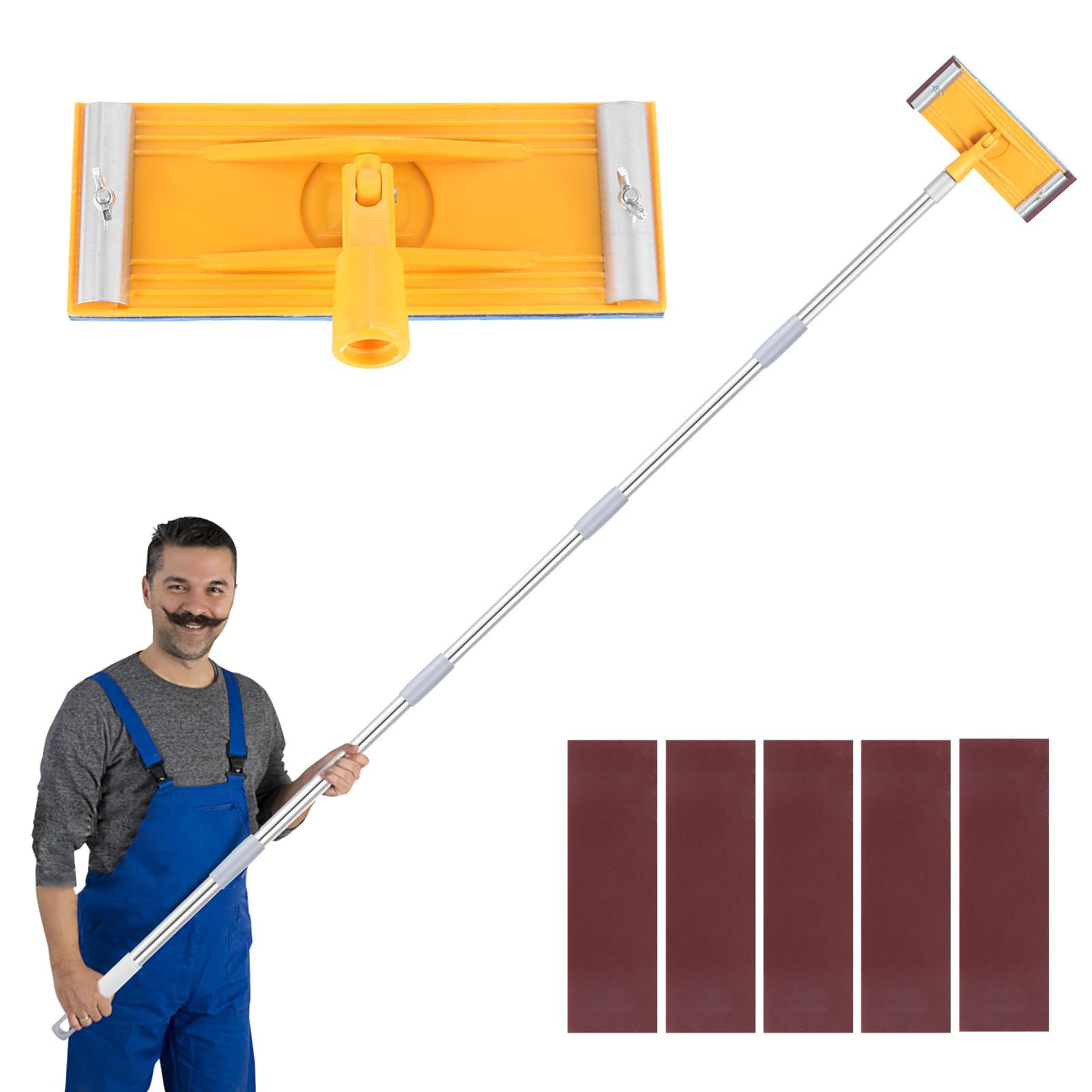 Pole Sander Drywall, 31-74-inch Manual Hand Drywall Sander with Extension Pole. Perfect for Painting, Complete with 5pcs Sanding Sheets (60, 100, 180,