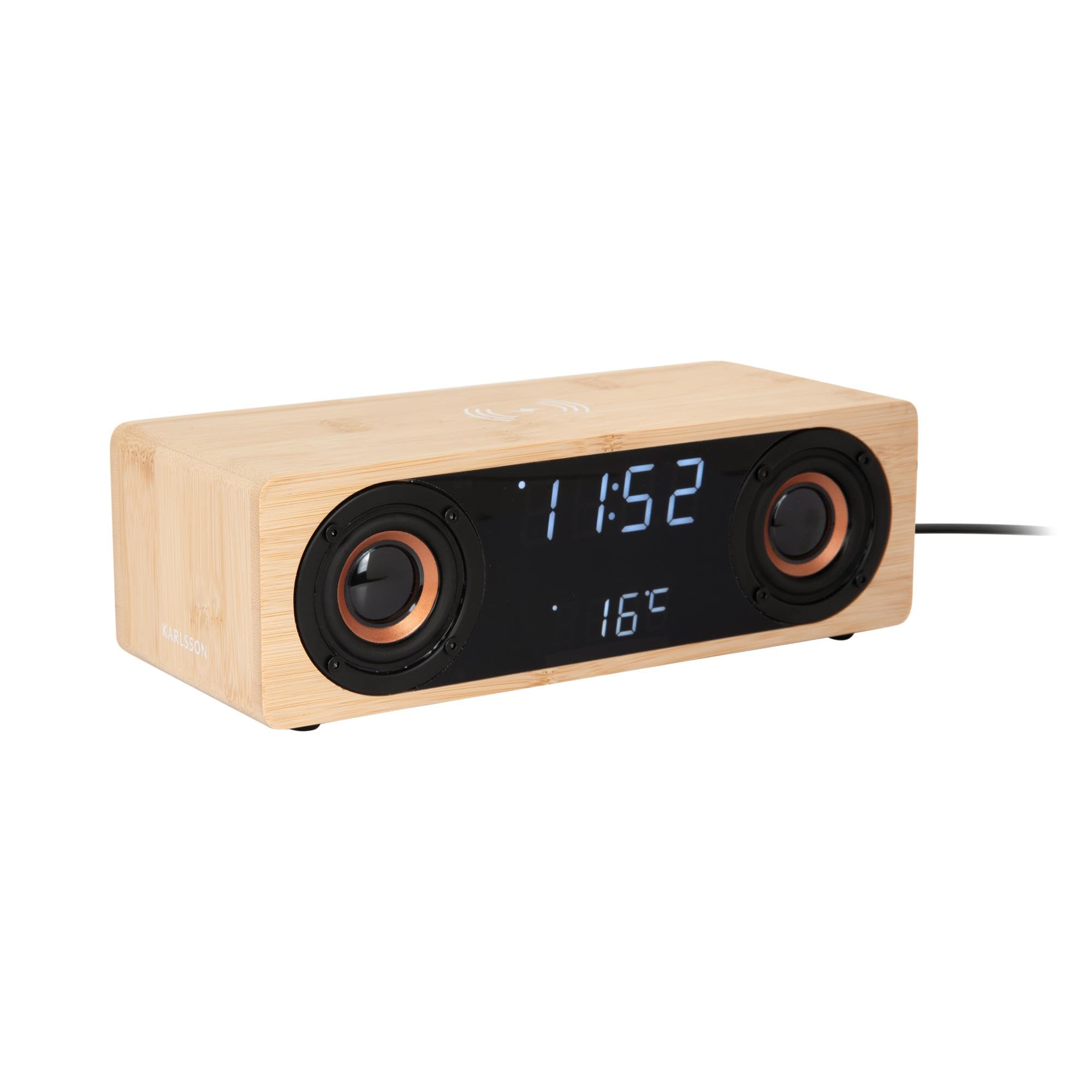 Karlsson Altavoz Bluetooth Radio Reloj despertador con pantalla LED y carga inalámbrica (bambú)