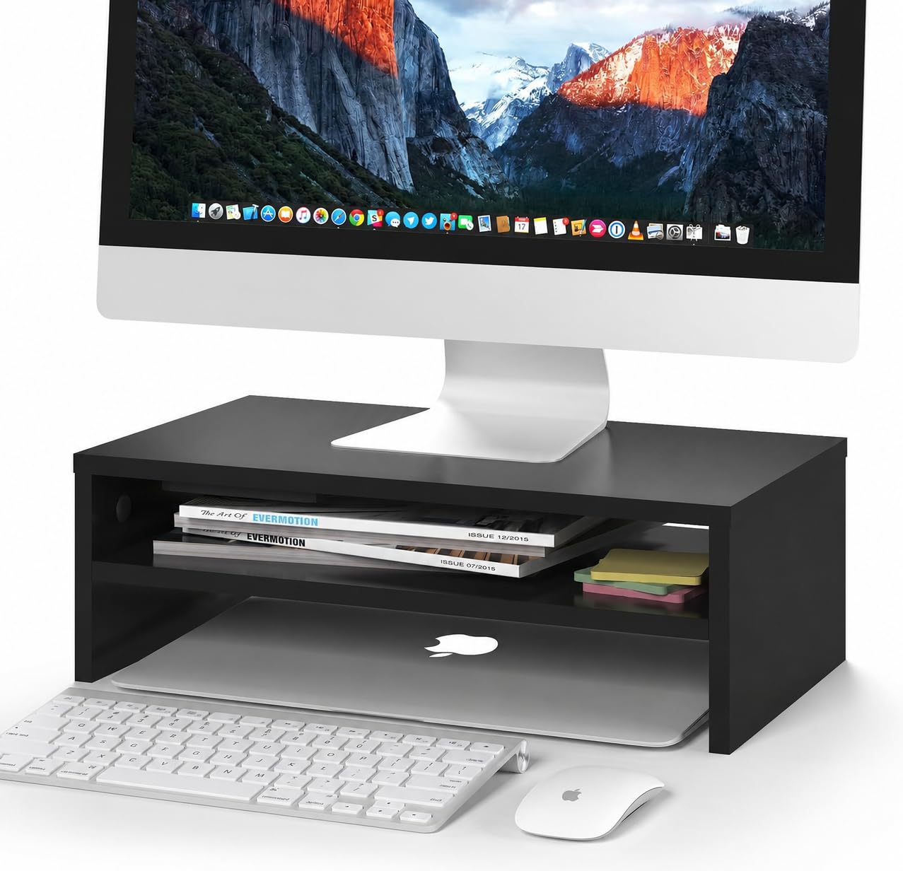 Solid Sheesham Wooden Monitor Stand Riser for Desk, 2-Tier Computer Monitor Stand | Desk Shelf Organizer with Storage, Laptop & Printer Stand with Phone Holder and Cable Management-image-2