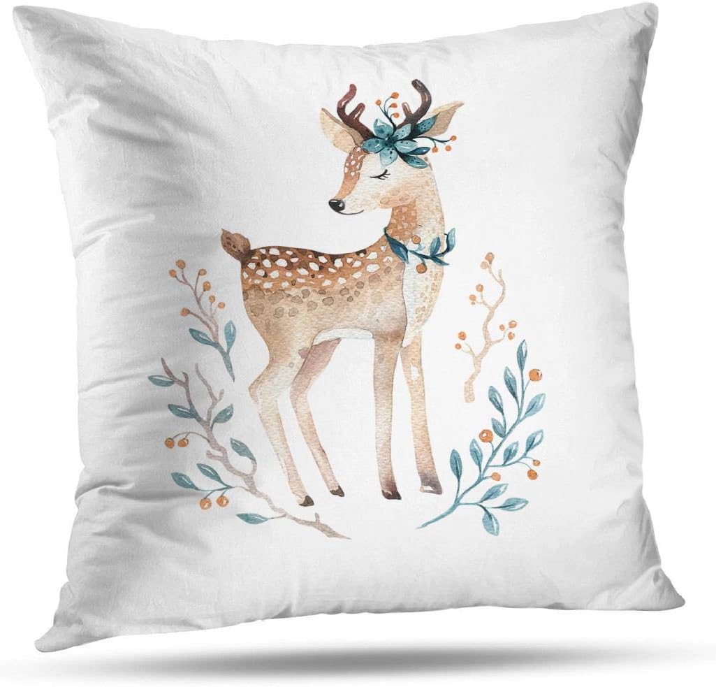 Kutita 20 x 20 inch Throw Pillow Covers,Boho Woodland Deer Nursery Floral Pattern Double-sided Sofa Cushion Cover Couch Bed Pillowcase Home Gift Decorative Hidden Zipper Design Cotton Polyester