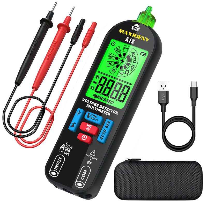 Digital Multimeter Rechargeable Electrical Tester NCV with Audible and Visual Alarms Auto-Ranging Measures AC/DC Voltage Capacitance Resistance Continuity Capacitance Diode Live Check Tester