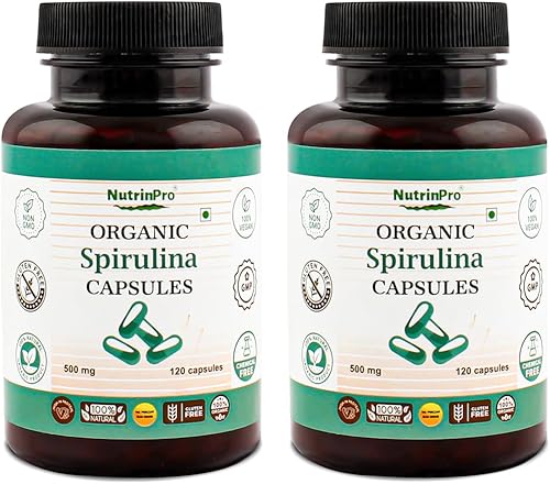 Cápsulas de espirulina orgánica USDA - Suplemento vegano 100% puro, sin OMG, sin gluten, sin químicos, (240)