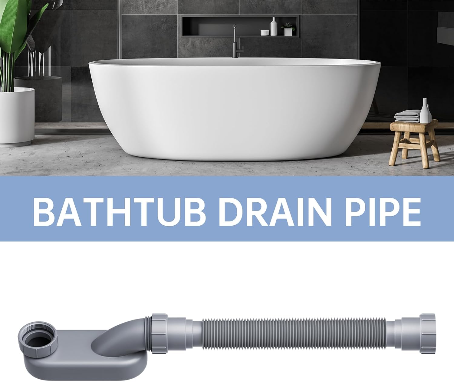 Low Profile Flexible Bathtub Shower Drain Pipe Kit - Flat P Trap for Freestanding Tub, 1 1/2 or 1 1/4 Inch(Gray)