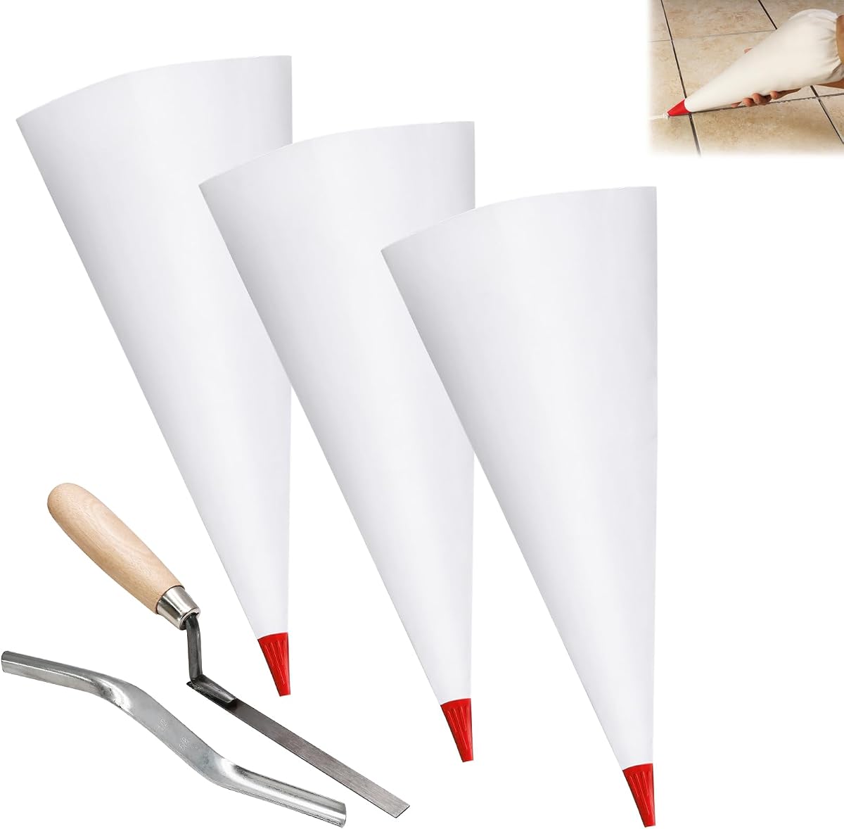 Biaungdo 3 Pack Red Grout Bag Brick Jointer Tuck Pointer Kit for Tile Work | Includes Brick Jointer Tuck Pointer, Reusable Easy Clean, Heavy Duty Piping Bags Grout Sealer Bag for Tile Installation