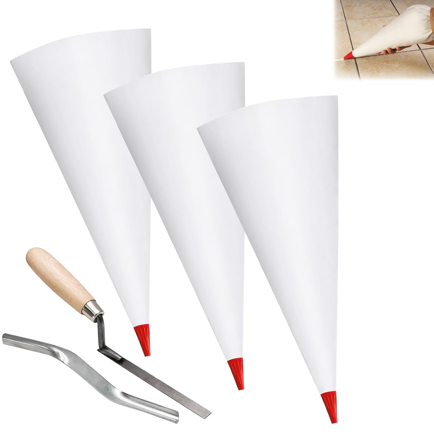 Biaungdo 3 Pack Red Grout Bag Brick Jointer Tuck Pointer Kit for Tile Work | Includes Brick Jointer Tuck Pointer, Reusable Easy Clean, Heavy Duty Piping Bags Grout Sealer Bag for Tile Installation