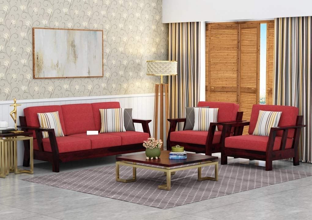 Solid Sheesham Wood Sofa Set | Wooden Sofa Set | Living Room Furniture (3+1+1, Brown)- Walnut Finish Red Fabric