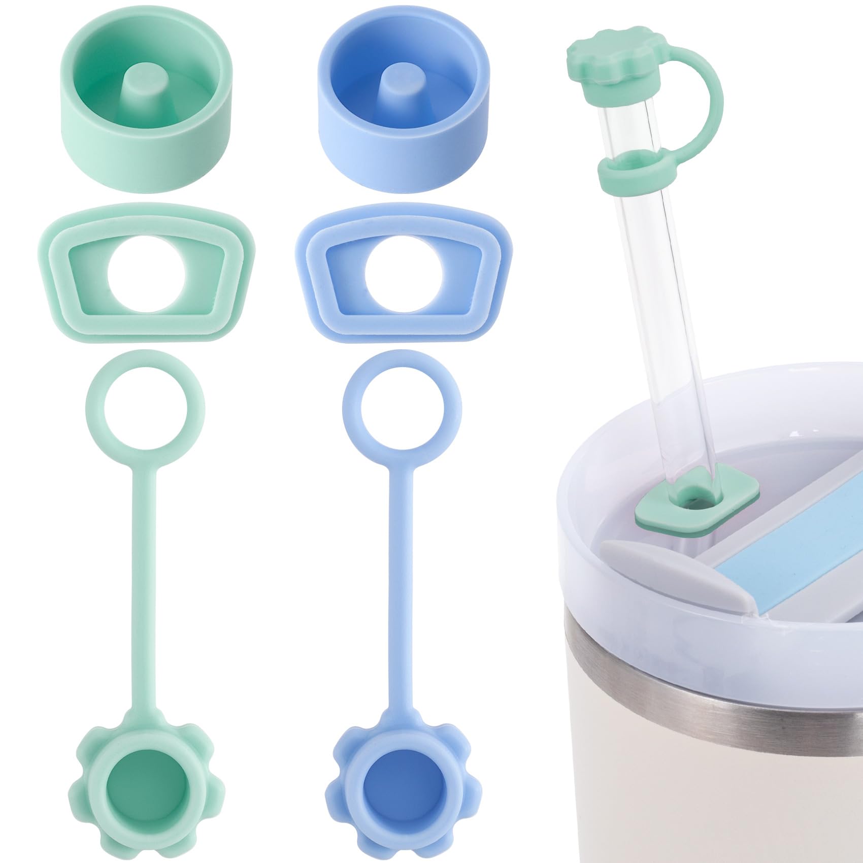 2 Sets Spill Stoppers for 40oz Stanley Quencher H2.0, Blue Green Silicone Straw Cover Cap 10mm, Square Leak Proof Lid and Round Lid Spill Plug, Drinking Accessories