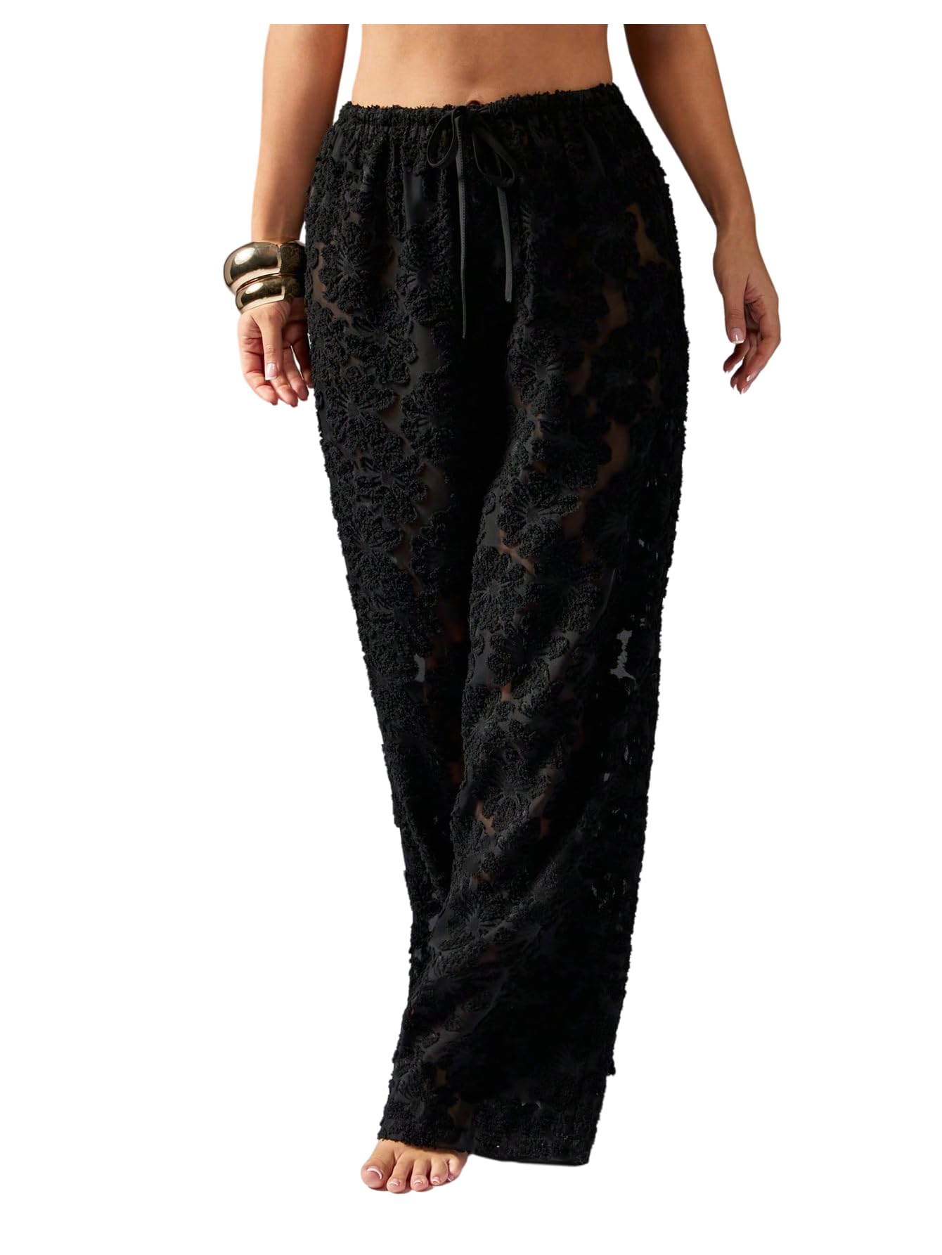 Floerns Womens Floral Applique Wide Leg Pants Drawstring Elastic Waist Sheer Loose Fit Trousers