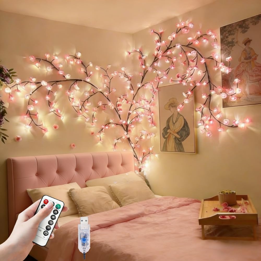 Rami LED a Forma di Fiore di Ciliegio da Parete - 8 Modalità Con 144 LED, Telecomando e Timer - Luci per Decorazione Camera da Letto