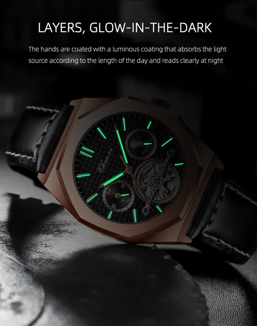 Reloj mecánico octágono Tourbillon hueco con fases de la luna estrellada, impermeable, luminoso, automático, reloj de pulsera de cuero de lujo para hombre