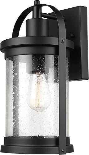 Globe Electric 44783 Zeke - Aplique de pared para exteriores con 1 luz, transparente, negro mate con pantalla de vidrio semillado