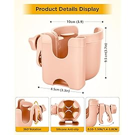 Universal Stroller Cup Holder with Mobile Phone Case, 2-in-1 Strollers Storage Rack, 360 Degrees Rotation Drink Holder for Bike, Pushchair, Wheelchair, Walker,Bicycle, Fits Most Cups (Pink)