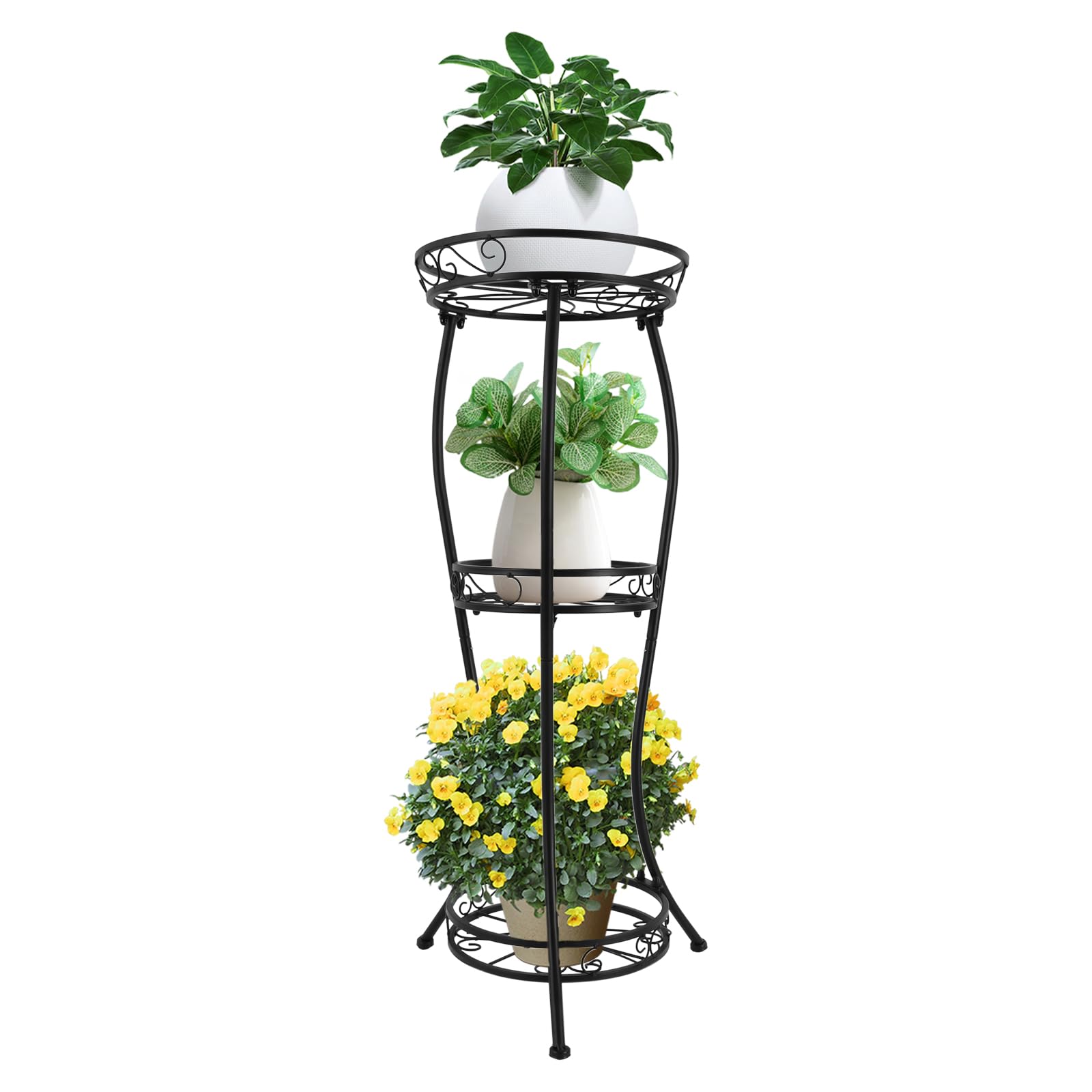 Supporto per piante in metallo con 3 livelli, 84 cm, per interni ed esterni, per terrazza, giardino, balcone, colore nero